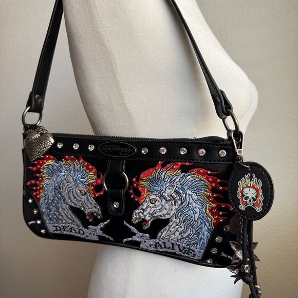 Ed Hardy Black Shoulder Bag with Embroidered Unicorns - Picture 4 of 6
